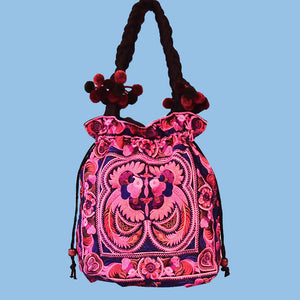 HOT PINK POM POM MULTI BIRDS BOHO DRAWSTRING EMBROIDERED HMONG TOTE BAG BAGS & PURSES ZENZOEY JEWELRY & ACCESSORIES 