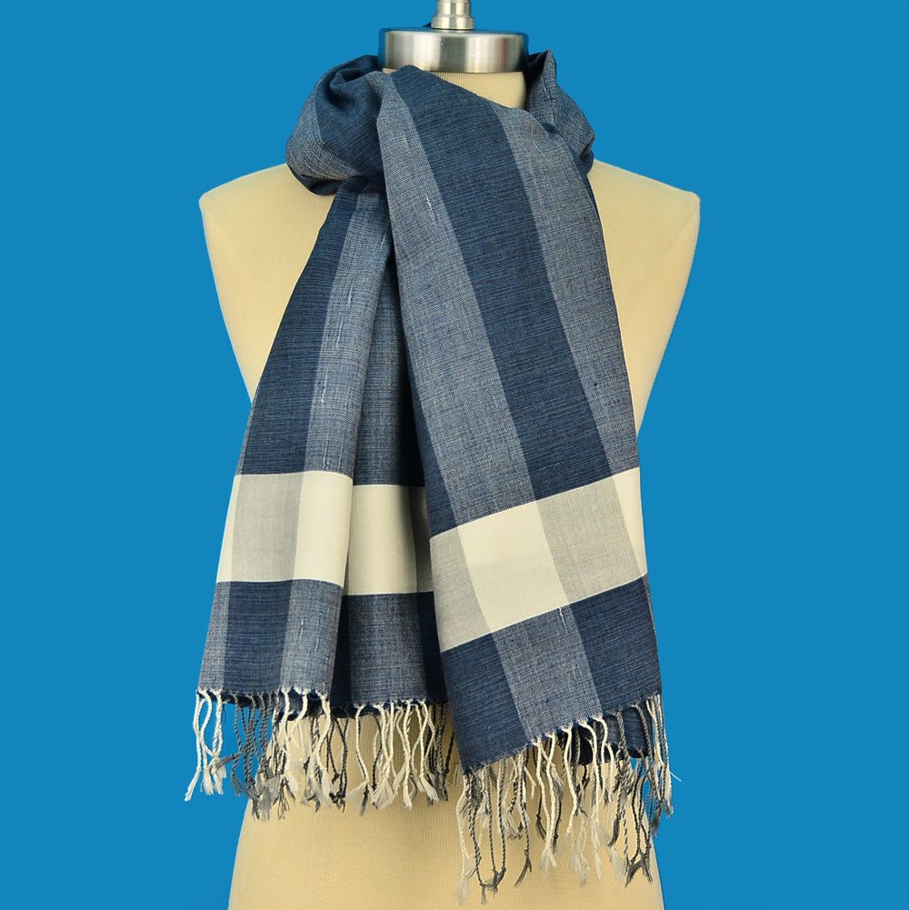 BLUE & CREAM 100% ORGANIC COTTON AND NATURAL DYED SCARF OR SHAWL SCARVES ZENZOEY JEWELRY & ACCESSORIES 