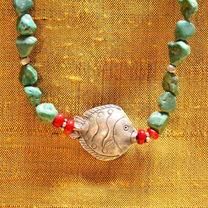 BOHO .925 SILVER FISH & TURQUOISE NECKLACE NECKLACE, CHAKRA ZENZOEY JEWELRY & ACCESSORIES 17" - 2" adj extender 