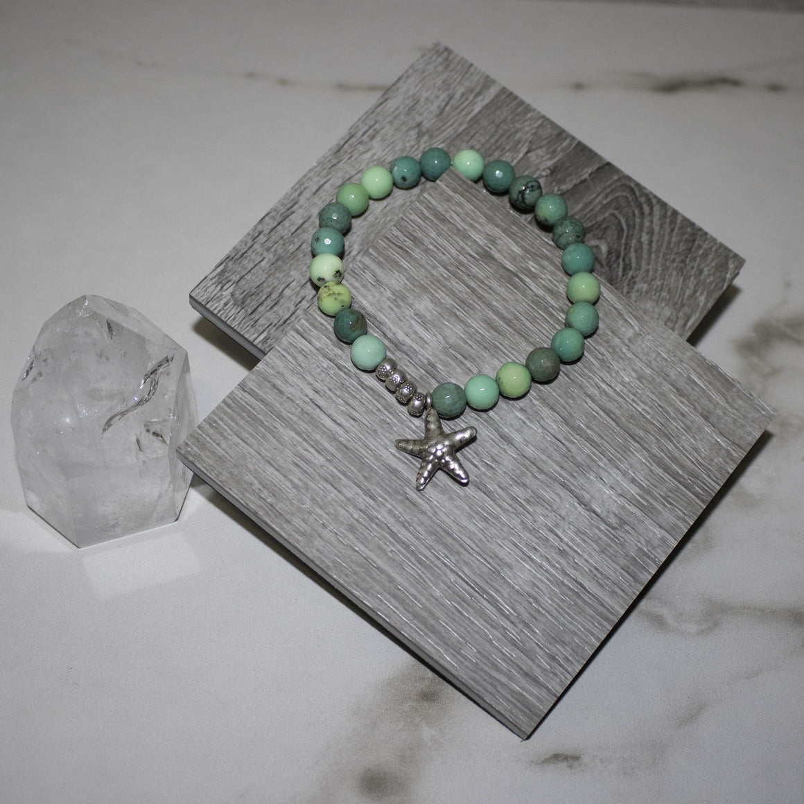 GREEN FACETED CHRYSOPRASE .925 SILVER STARFISH ATTRACT PROSPERITY STRETCH BRACELET BRACELET ZENZOEY JEWELRY & ACCESSORIES 