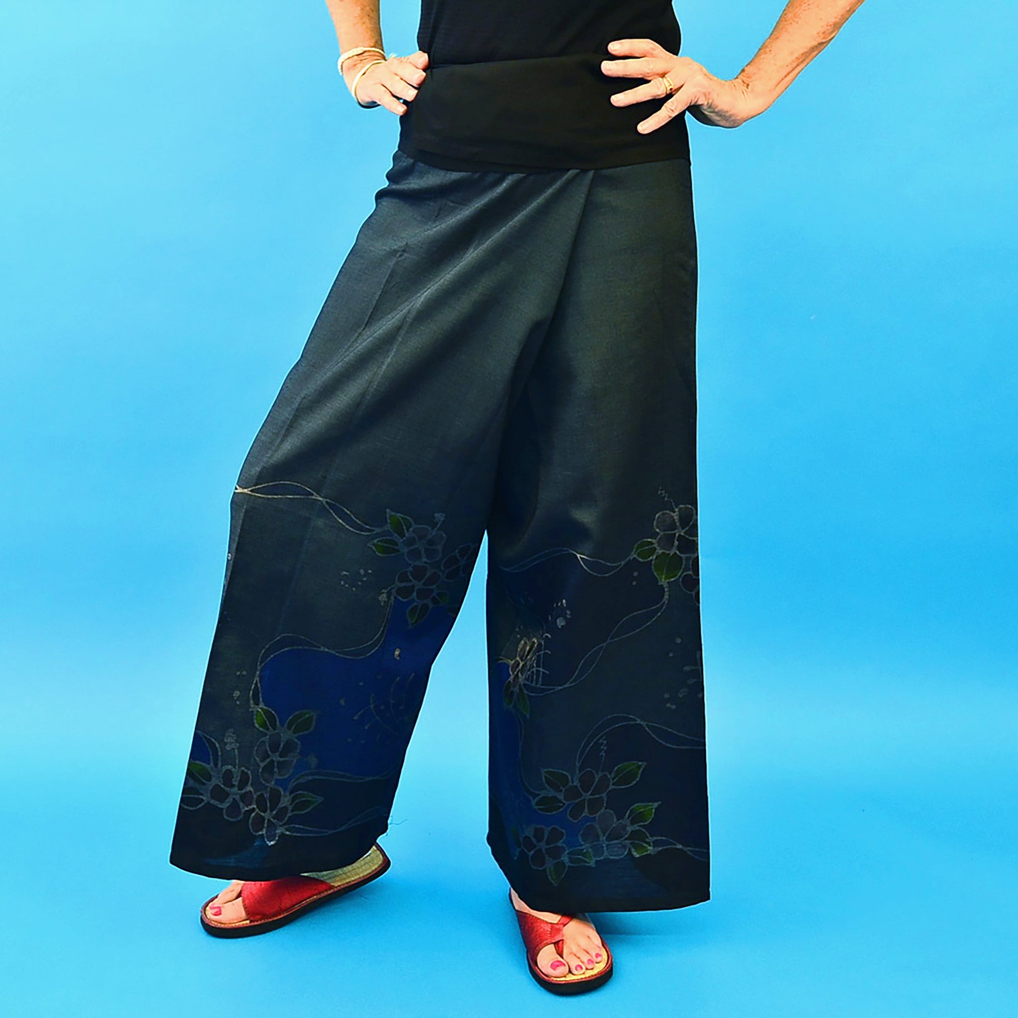 hand batik boho 60% silk 40% cotton thai fisherman pants - dark sky blue