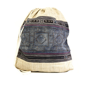 HMONG HEMP EMBROIDERED VINTAGE RECYCLED STRING BACKPACK ~ INDIGO 3 SQUARES BAGS & PURSES ZENZOEY JEWELRY & ACCESSORIES 