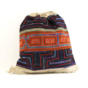 HMONG HEMP EMBROIDERED VINTAGE RECYCLED STRING BACKPACK ~ INDIGO & ORANGE BAGS & PURSES ZENZOEY JEWELRY & ACCESSORIES 