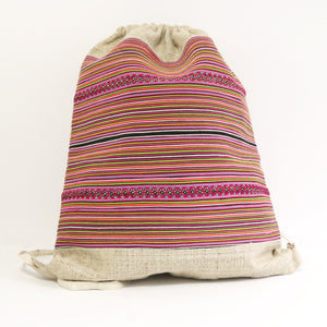 HMONG HEMP EMBROIDERED VINTAGE RECYCLED STRING BACKPACK ~ MULTI TINY STRIPE BAGS & PURSES ZENZOEY JEWELRY & ACCESSORIES 