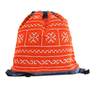 HMONG HEMP EMBROIDERED VINTAGE RECYCLED STRING BACKPACK ~ ORANGE STARS BAGS & PURSES ZENZOEY JEWELRY & ACCESSORIES 