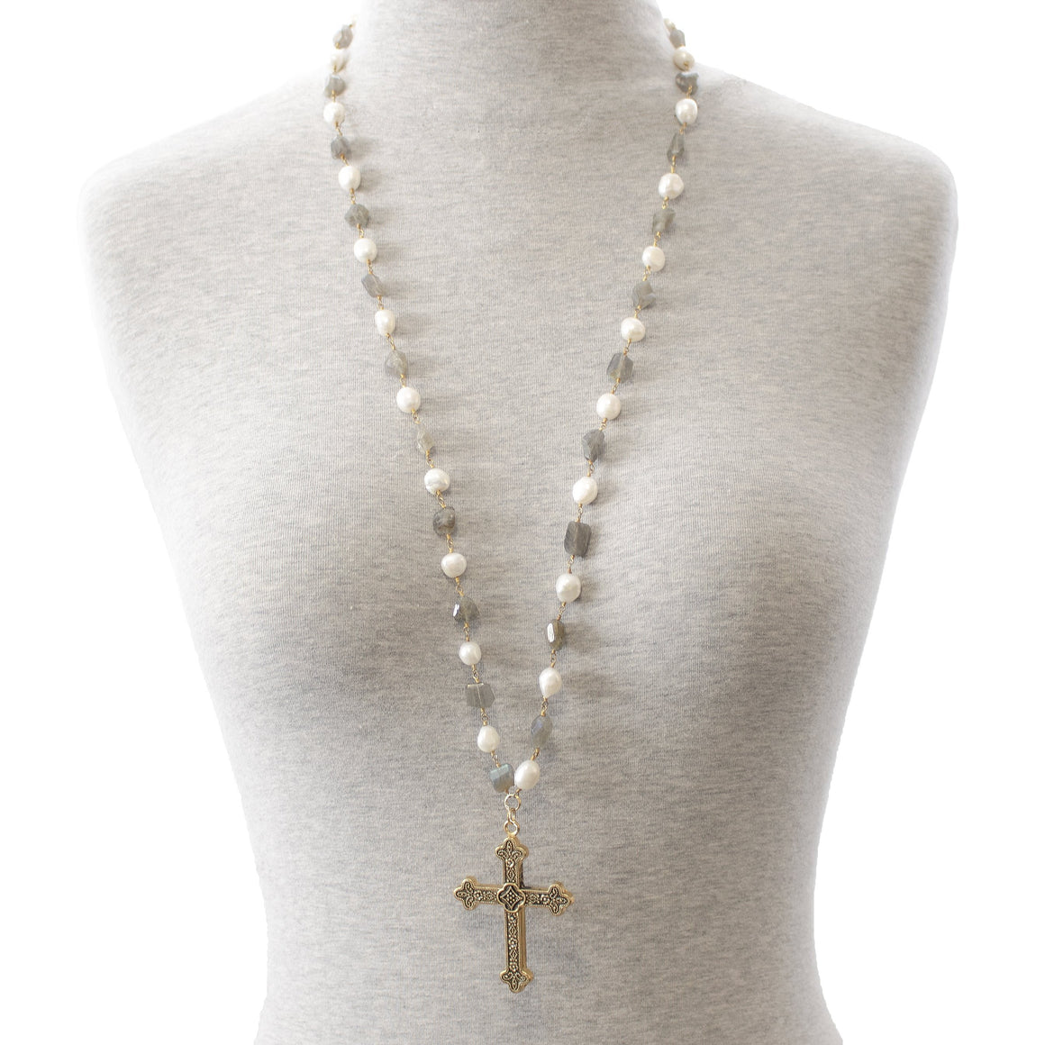 LABRADORITE ~ PEARLS ~ BRASS CROSS ~ GOLD FILLED CHAIN NECKLACE NECKLACE ZENZOEY JEWELRY & ACCESSORIES 