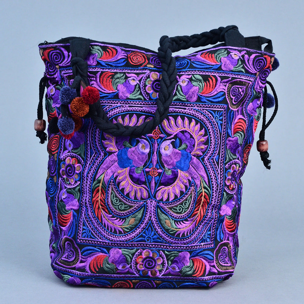 POM POM MULTI BIRDS BOHO DRAWSTRING EMBROIDERED HMONG TOTE BAG BAGS & PURSES ZENZOEY JEWELRY & ACCESSORIES 